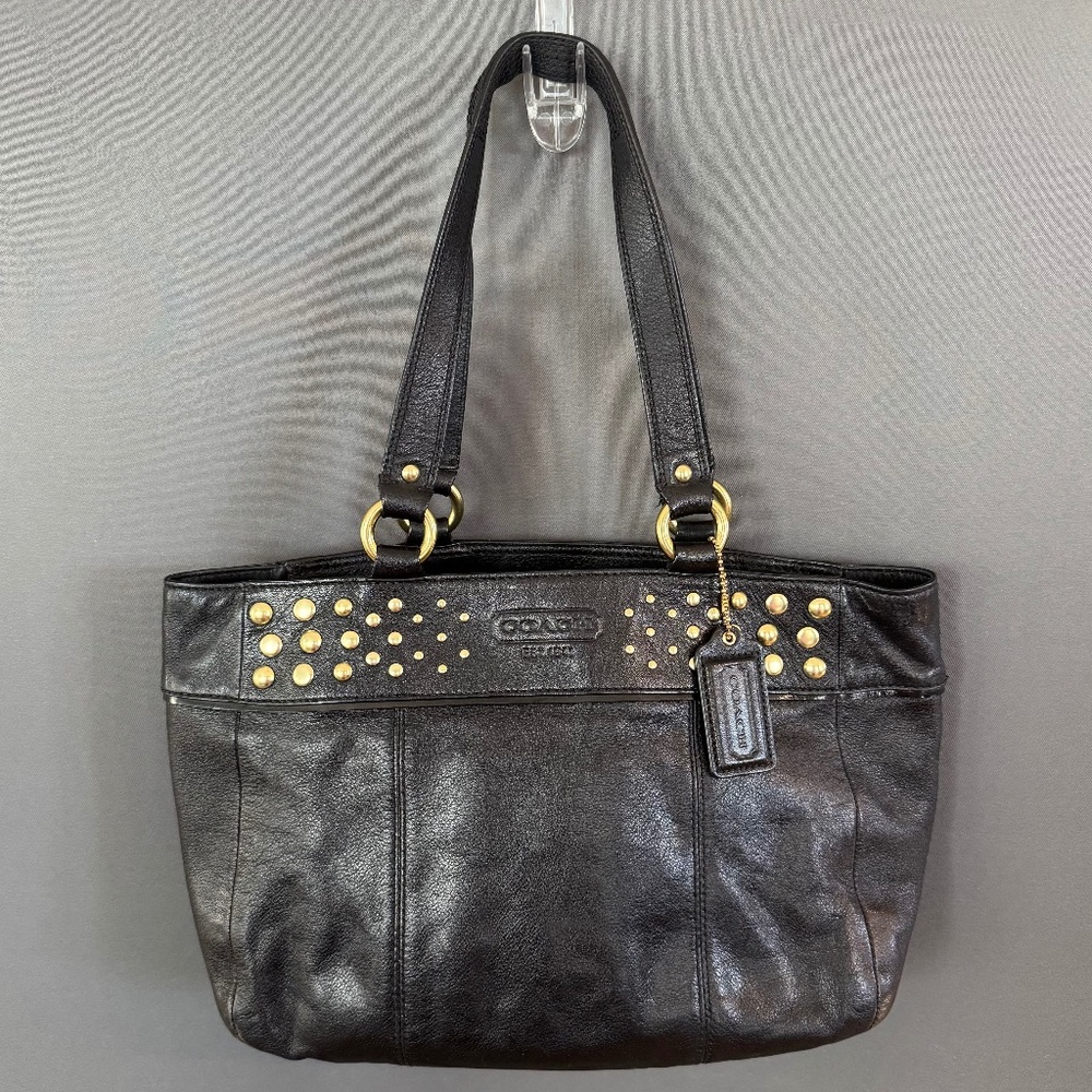 Coach East West Studded Leather Tote Shoulder Bag – Black